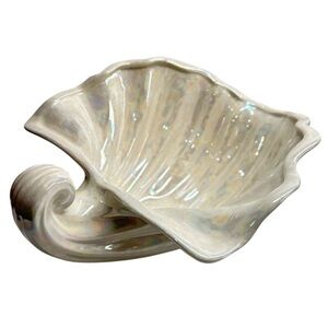 Vintage Iridescent Glazed Ceramic Seashell Shaped Bowl or Dish
